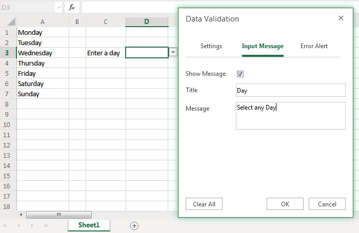 Input suggestion message in excel